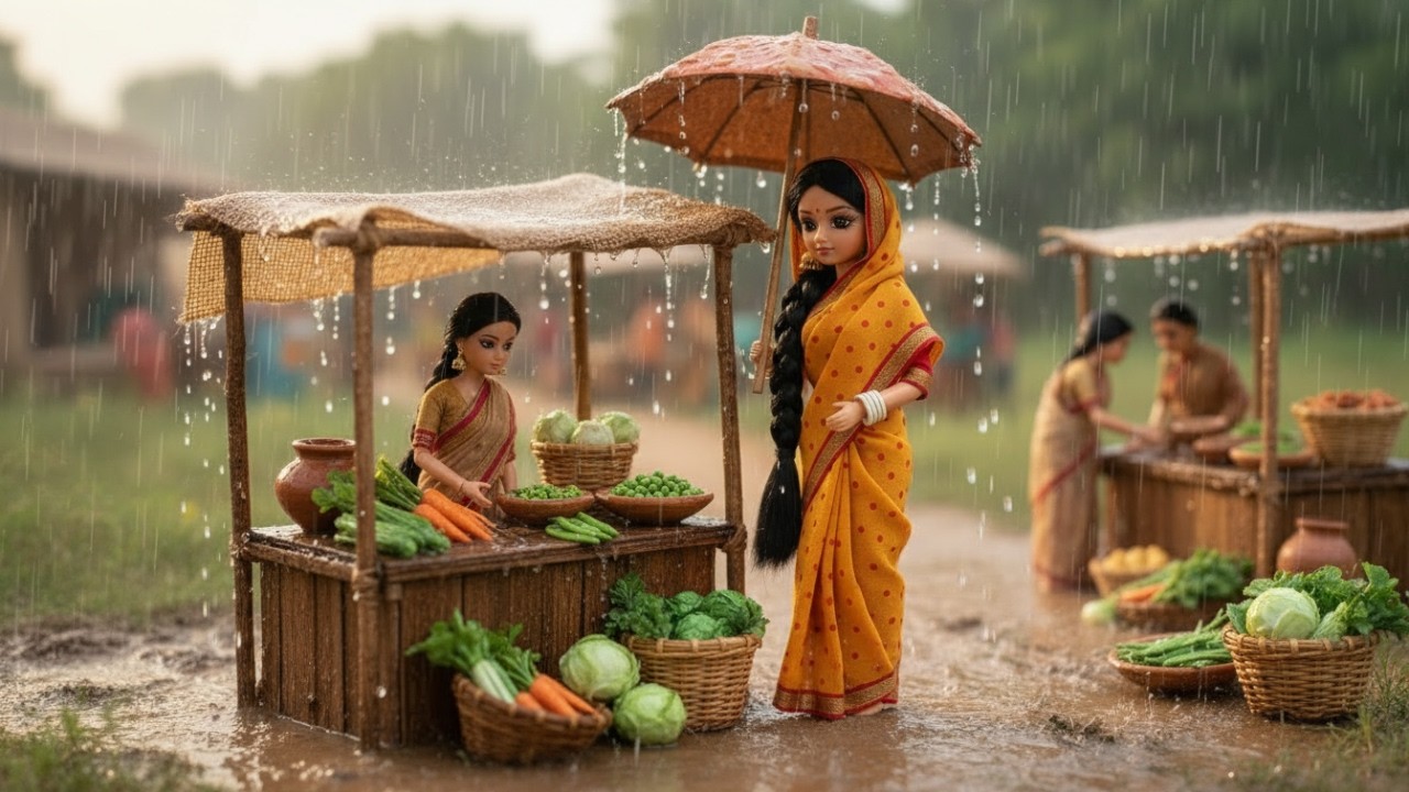 Rainy day in Miniature barbie doll Village|Cooking Puri Aloo ki Sabji ASMR|Barbie doll story