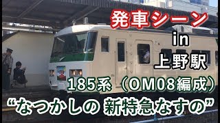 185系（OM08編成） “なつかしの新特急なすの号 黒磯行き”電車 上野駅を発車する 2018/05/26