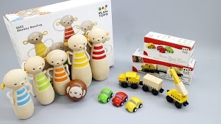 Plan Toy - Monkey Wooden Bowling - Color Cars - Crain Train