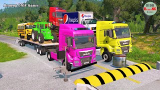 Double Flatbed Trailer Truck vs speed bumps|Busses vs speed bumps|Beamng Drive|806