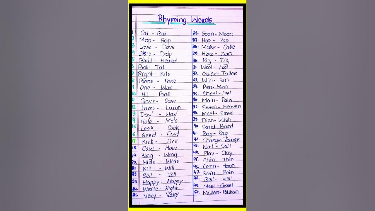 50 Rhyming Words in English l Rhyming words in English l English grammar Rhyming Words 50 Rhyming Words in English l Rhyming words in English l English grammar Rhyming Words