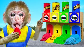 KiKi Monkey play Colorful Pringles Potato Chips Machine & Ball Pit Pool Water Slide|KUDO ANIMAL KIKI