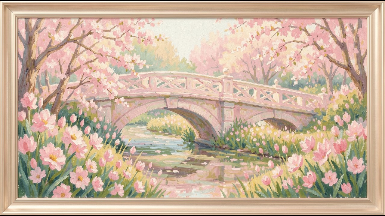 Impressionist Floral Garden Bridge in Soft Spring Light | spring frame tv art 4k with music