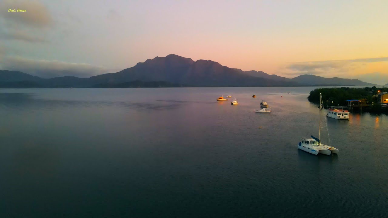 Lucinda boat ramp, Hinchinbrook Island, QLD, Relaxing sunrise 4k drone