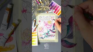 Урок рисования акварельными красками. Как нарисовать цветочную композицию с пионами short #shorts