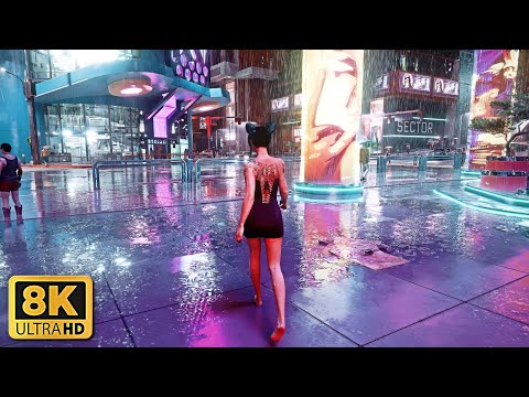 [8k] Cyberpunk 2077 - 1 Hour of Rainy Night Time Walking - Path Tracing + Super-Population RTX 4090