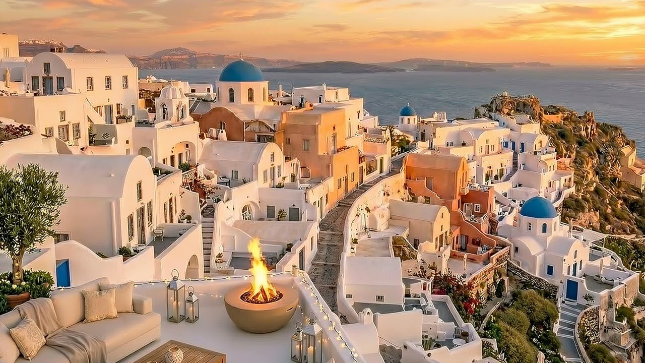Santorini Oia Sunset Ambience with Soft Jazz | Calm Background for Focus, Study & Evenings | 2 Hours