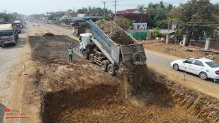 Substrate ​New Foundation In Middle Point Of Road Was Clutter Rock Soil​s With Technical​ DozerTruck