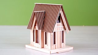 Easy craft - Building a mini house from ice cream sticks with cardboard roof