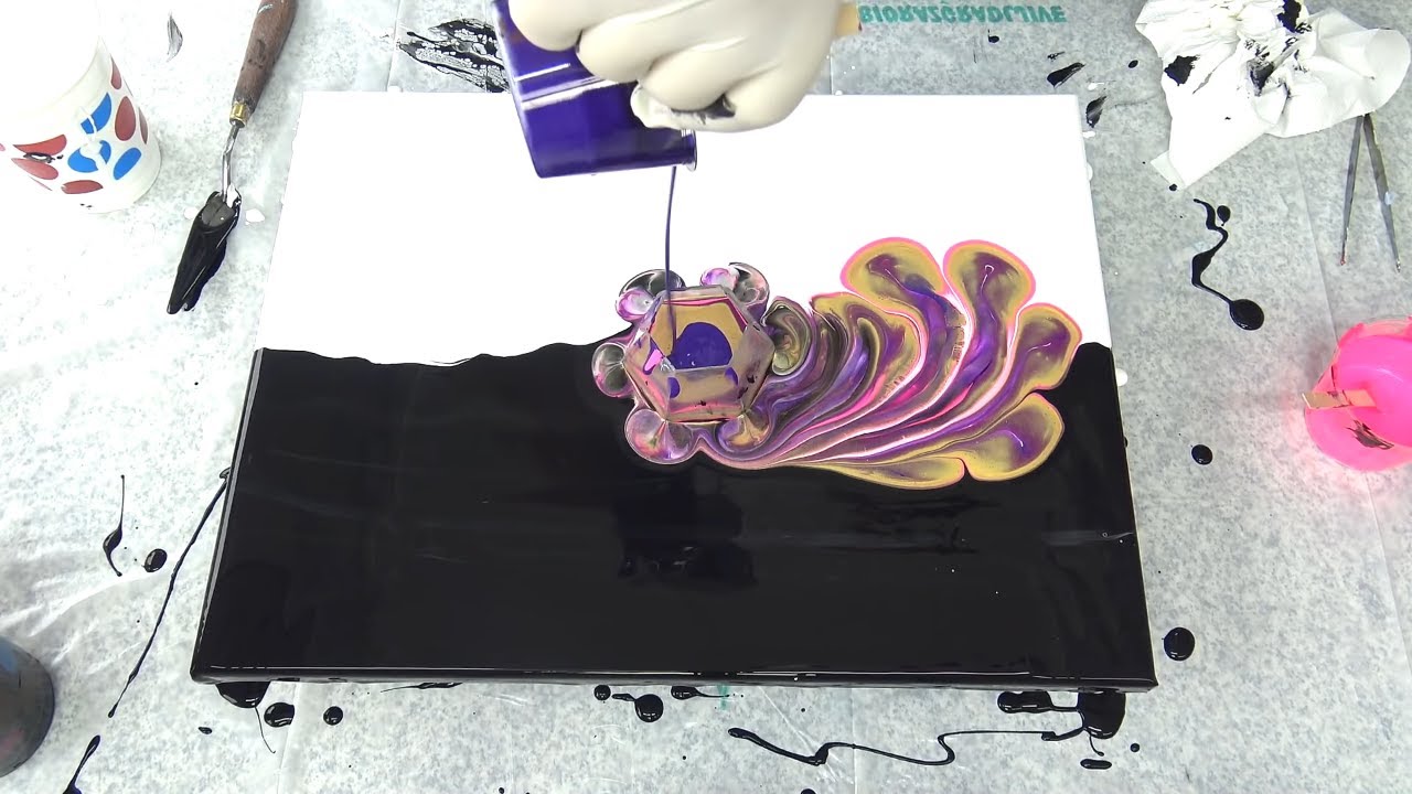 (502) Flower shaped OPEN CUP technique Colour split acrylic pour