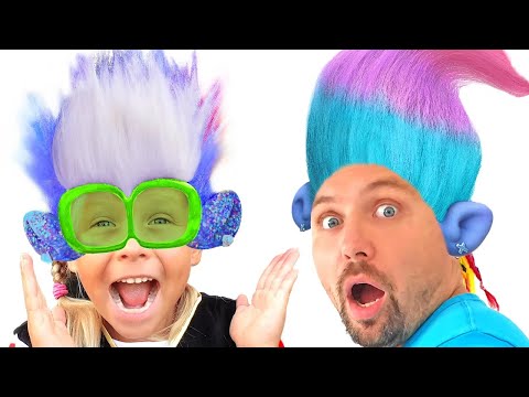 Alice plays with Trolls and goes to the Disco with Dad in cartoon trolls world tour