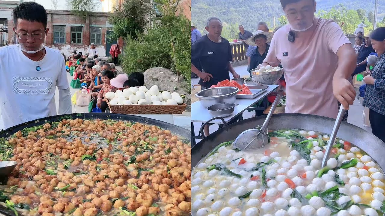 Loving Chinese Guy Cook Free lunch for the elders  in a Downtown Village