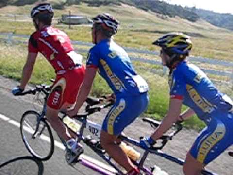 Paul, Cat, Janet ride Santana Triplet (tandem) bike Davis CA