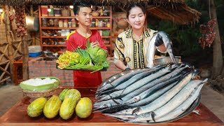 Long sword fish is so yummy in village traditional noodle soup || Cooking with Sros