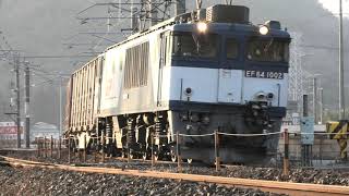 【4K】伯備線 上り 貨物列車 3084レ EF64-1002号機 [愛] 牽引 下り 特急列車 やくも19号 国鉄381系 ４両 JR貨物 JR西日本 豪渓 2021.1.16M3410004