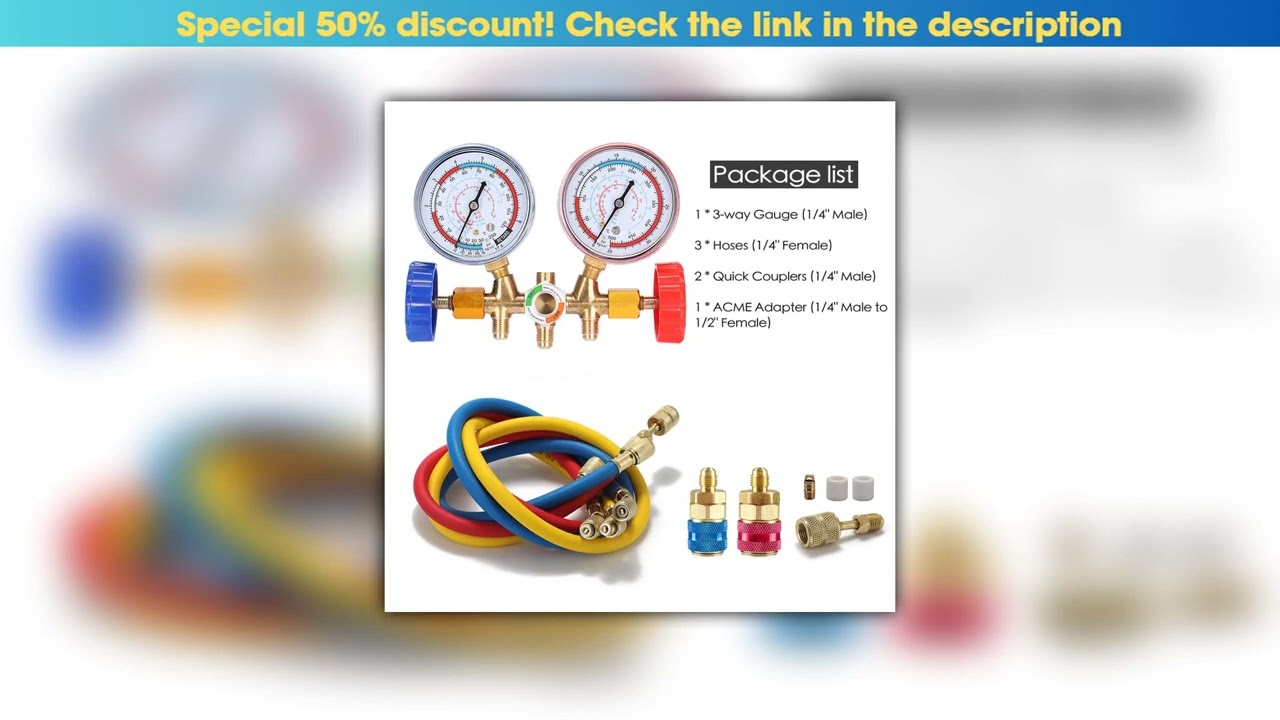 Top Refrigerant Gauge 3 Way Air Conditioning Diagnostic Manifold Gauge Set with 1-4in Thread Hose f