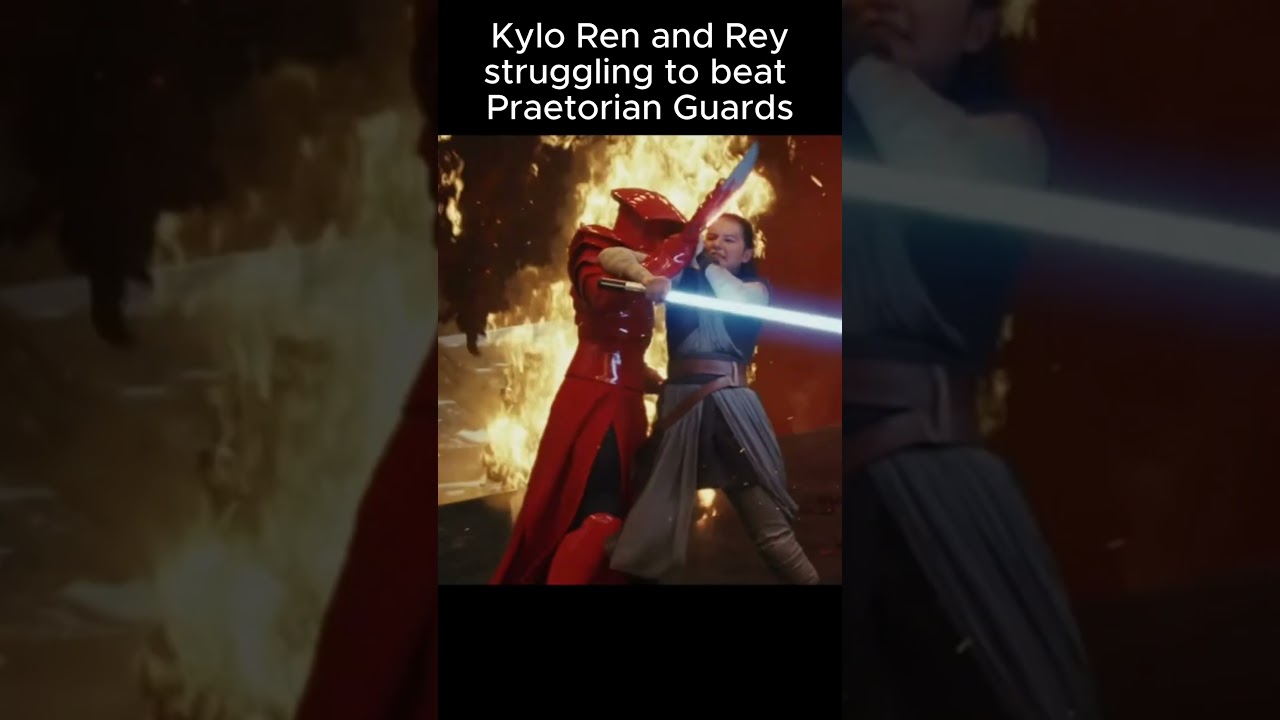 Kylo Ren and Rey struggling to beat Praetorian Guards meanwhile Yoda
