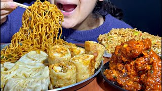 Chinese platter- chicken spring rolls, chilli chicken, chicken momos, Atta maggi, Egg fried rice 🍚