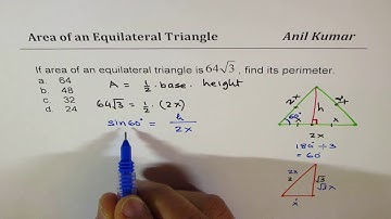 Find Perimeter of an Equilateral Triangle whose area is 64 root 3