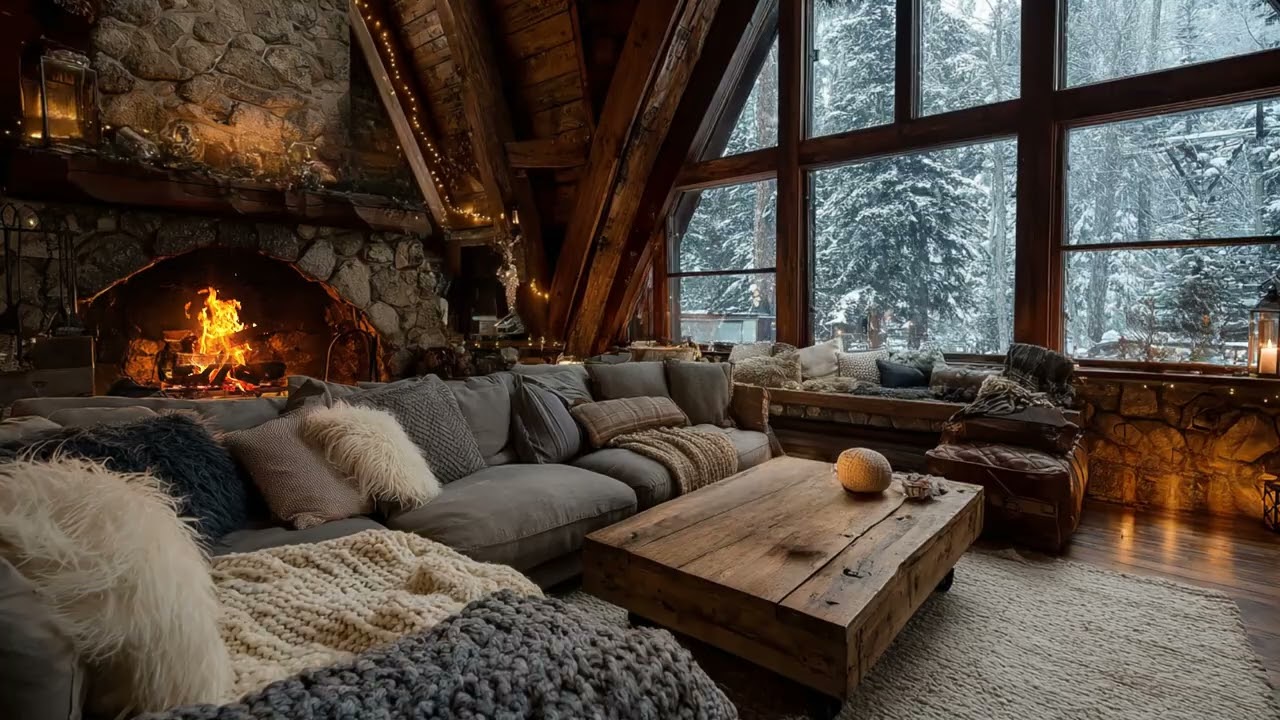 Warm Wooden Cabin Fireplace During Snowstorm | Relaxing Fire Crackles and Winter Wind for Rest