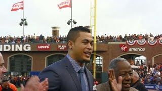 WS2014 Gm4: Stanton, Trout accept Hank Aaron Award Content