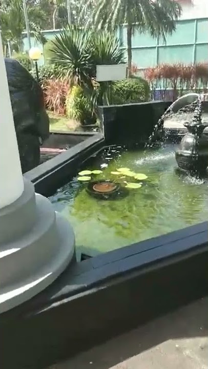 kolam ikan dengan air mancur cantik dan menarik