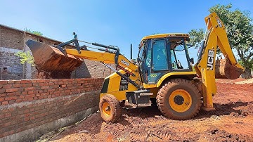 JCB Backhoe Loading Mud in Home Foundation Room and Leveling Ground