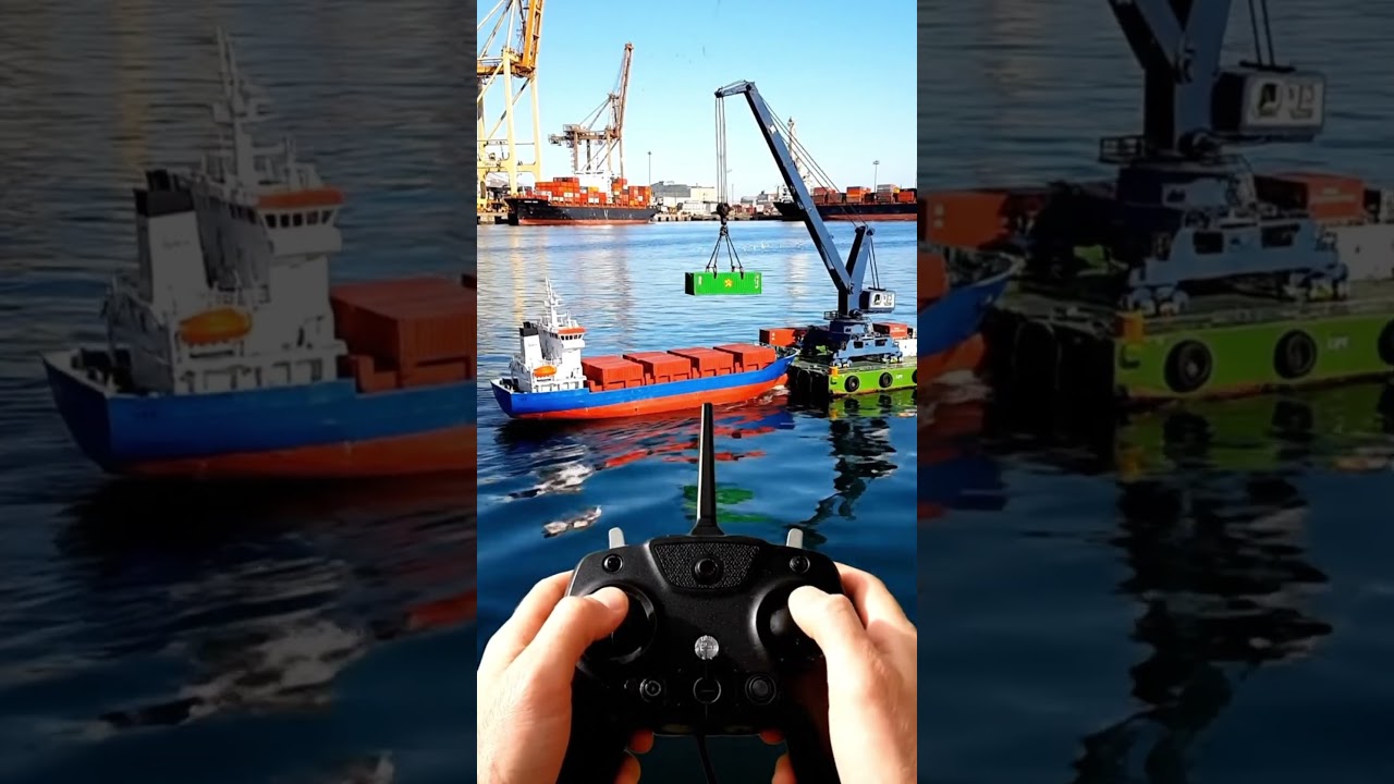 Ultra Realistic RC Cargo Ship & Crane Barge in Busy Harbor Real Engine & Wave Sounds 