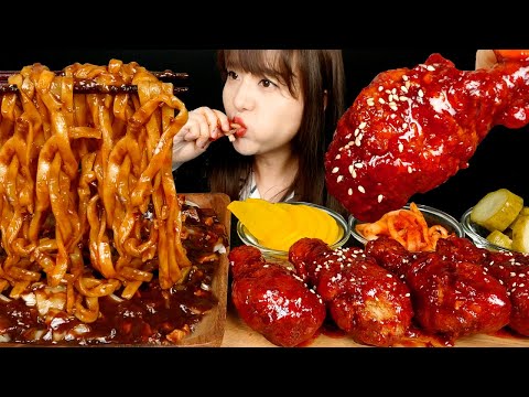 ASMR(COOKING & EATING) HOMEMADE SPICY FIRE CHICKEN LEG AND BLACK BEAN NOODLES(Jjajangmyeon) MUKBANG