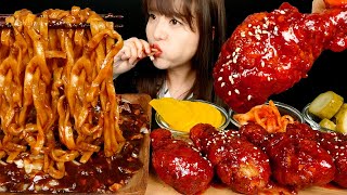 ASMR(COOKING & EATING) HOMEMADE SPICY FIRE CHICKEN LEG AND BLACK BEAN NOODLES(Jjajangmyeon) MUKBANG