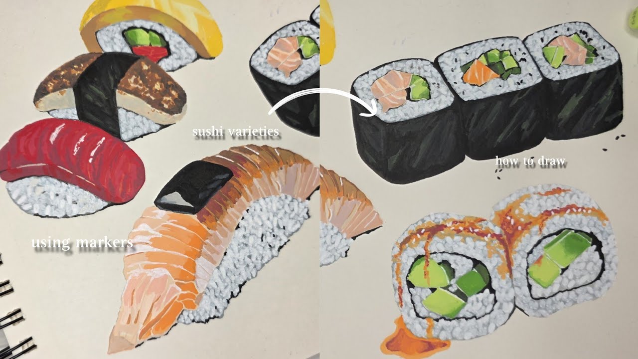 Draw with me 🥠 how to draw sushi varieties with acrylic markers 🍙🍣 chill vibes ▪︎°