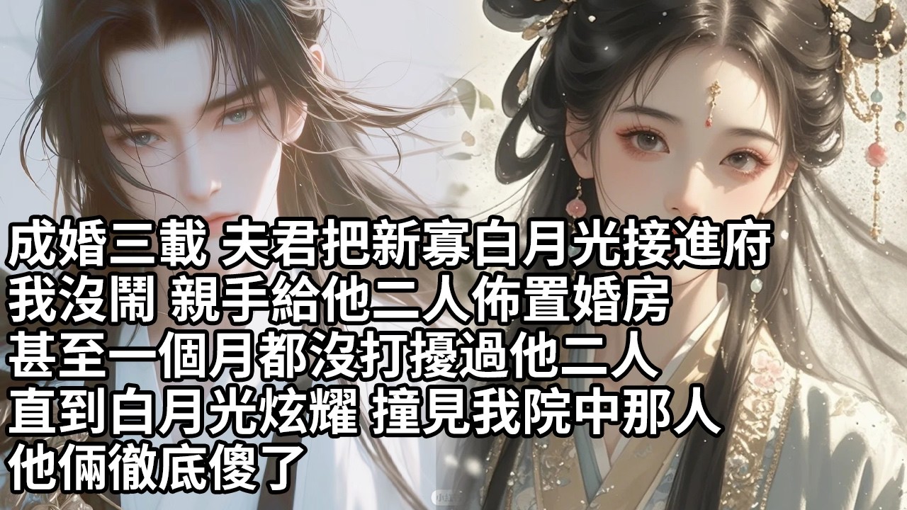 【一口氣看完】成婚三載 夫君把新寡白月光接進府我沒鬧 親手給他二人佈置婚房甚至一個月都沒打擾過他二人直到白月光炫耀 撞見我院中那人他倆徹底傻了