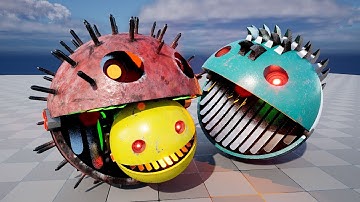 Pacman, Robot Chain Chomp, and Spiky Drill Robot Clash in a High-Stakes Maze Adventure