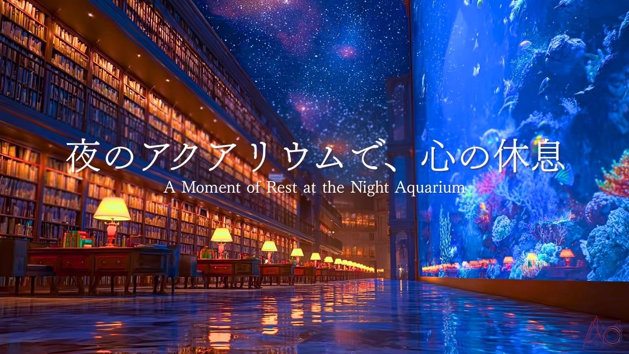 【夜のピアノBGM】夜のアクアリウム図書館で過ごす静かな時間｜心を落ち着かせる癒しのピアノ｜大人の癒し時間｜静かな夜｜癒し音楽｜睡眠用BGM｜夜のラウンジ｜ヒーリングミュージック
