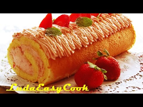 Бисквитный рулет с клубникой Очень простой рецепт #LudaEasyCook