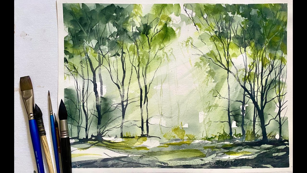 Simple BEGINNERS Woodland SUNBEAMS Watercolour Landscape, watercolor sun  rays painting tutorial demo 