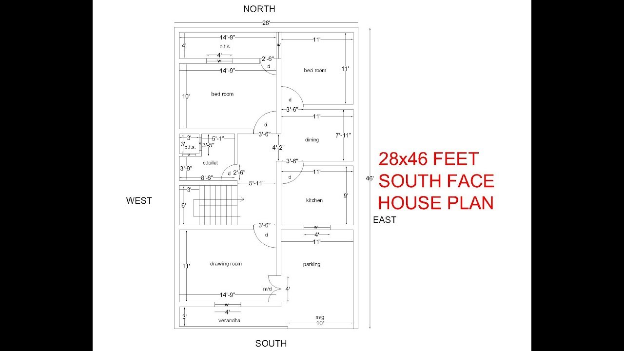 28x46 feet south facing house plan 3bhk south face house 