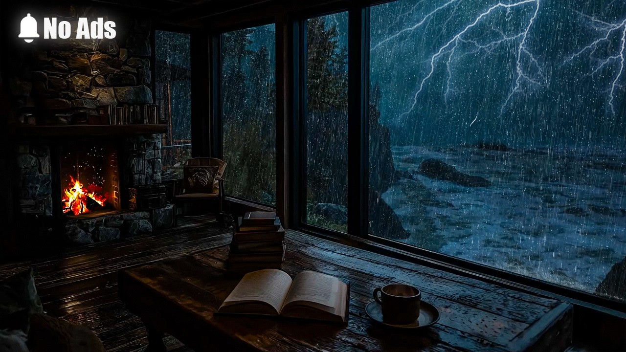 NO ADS ⛈️ Seaside Window Thunderstorm | Crackling Fireplace & Cozy Ambience Deep Sleep, Relax,Study