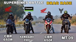 Kawasaki Z900 Vs Honda CBR 650R Vs Yamaha MT09 Vs Honda CBR 650F | Drag Race | Superbikes Battle