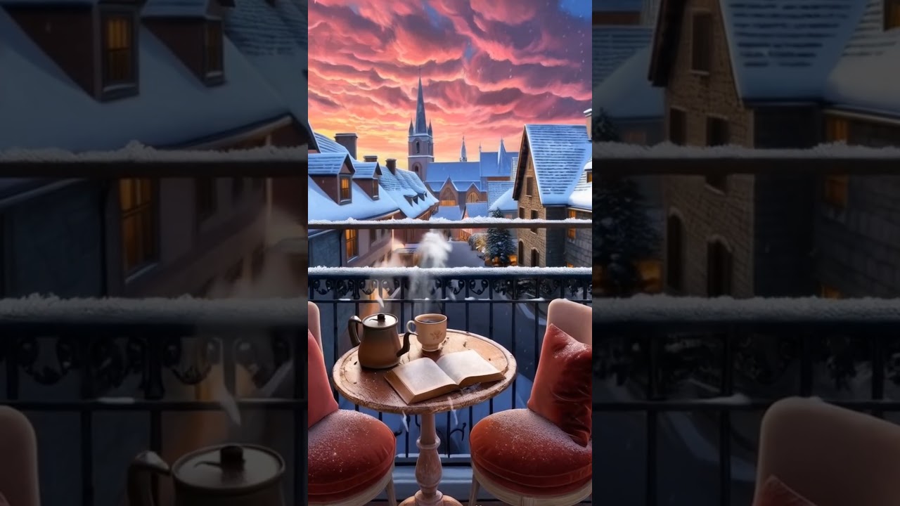 Cozy Winter Balcony with a Stunning Sunset. 