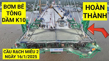 Toàn cảnh quá trình bơm bê tông khối dầm K10 trên trụ tháp P19 Cầu Rạch Miễu 2 tối ngày 16/1/2025