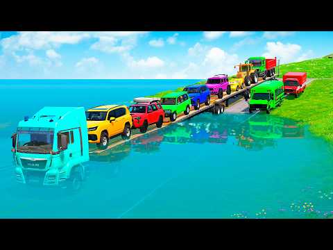 Triple Flatbed Trailer McQueen Transportation with Truck - Speedbumps vs Cars vs Train - BeamNG #21