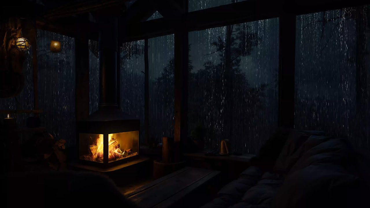 Rain Sounds for Sleeping in Cozy Forest | Cabin Night with Fireplace ...