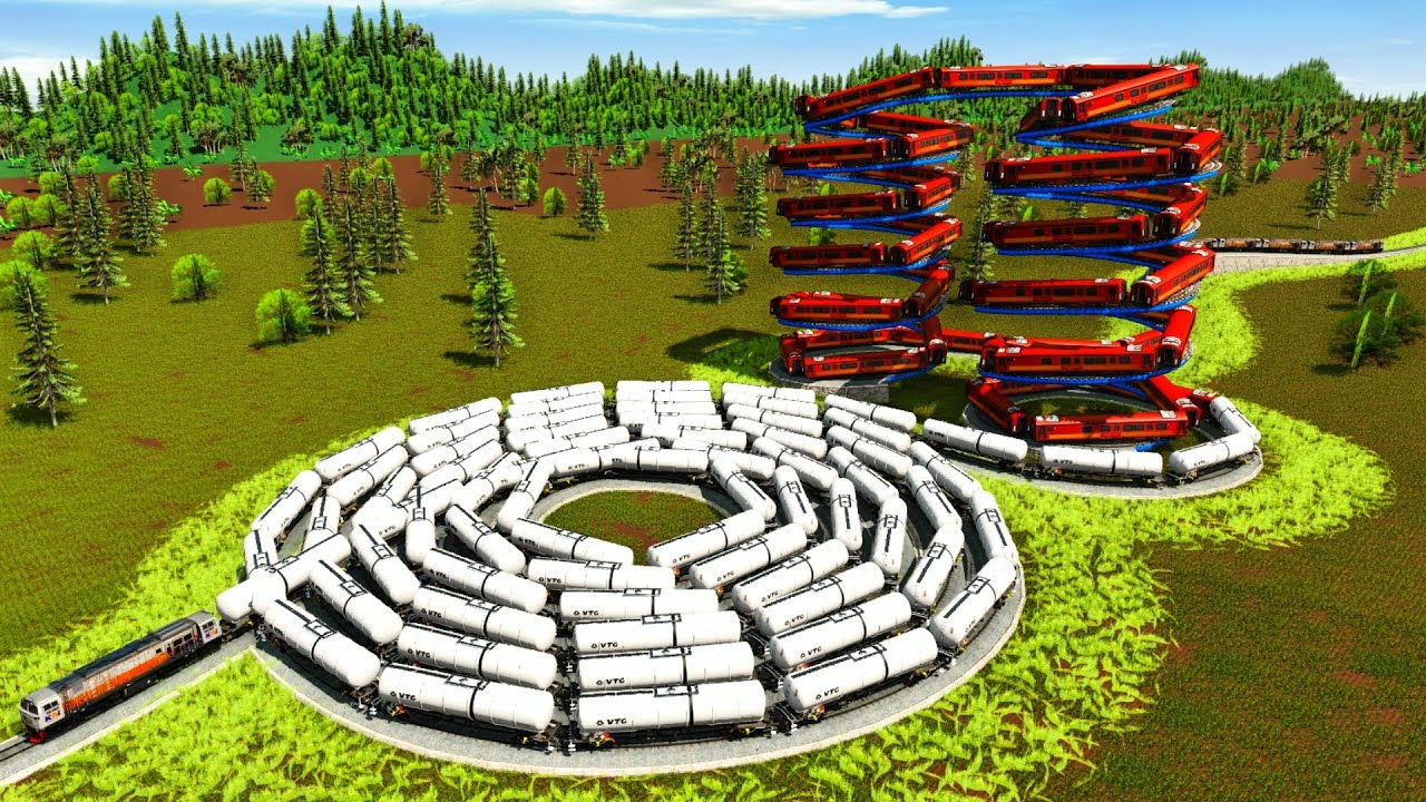 Super Extreme Triple Spiral Train Tracks 🚇Train Crosses Up and Down Climbing & Spinning Tracks