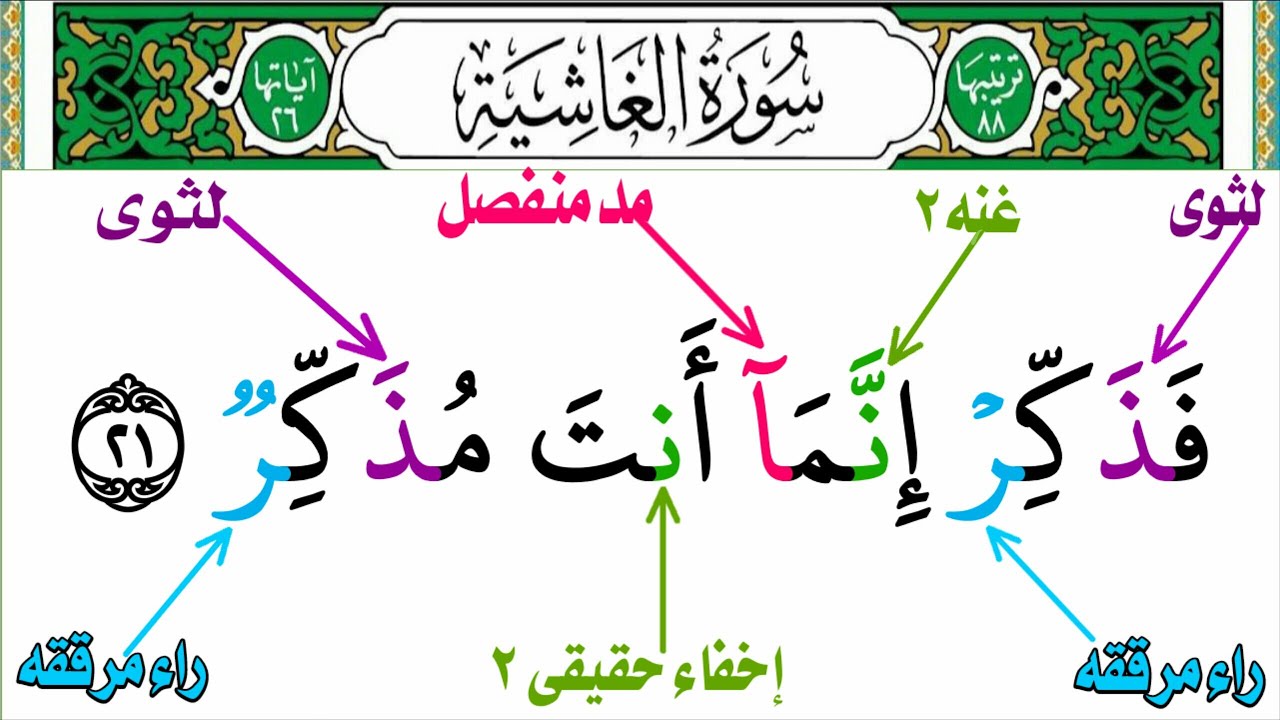 إستخراج أحكام التجويدسورة الغاشيه للمبتدئين (أفلا ينظرون إلى الإبل كيف خلقت) إلى(ثم إن علينا حسابهم)