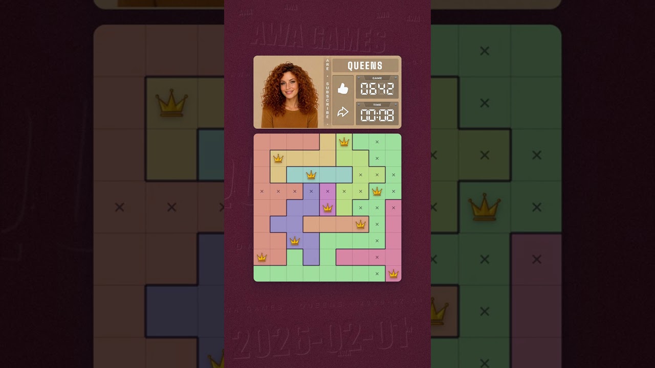 LinkedIn Queens #642 solved board for February 1, 2026, 9x9 grid