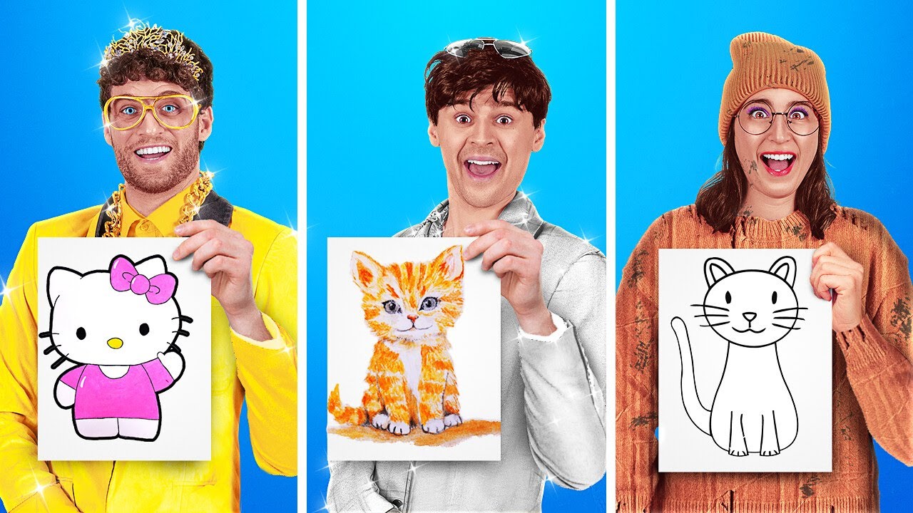 새로운 123 GO! 가난한 학생 대 부유한 학생! 고가의 가제트 대 저렴한 공예품