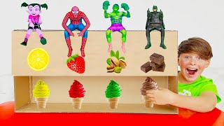 Magic Ice Cream Machine Superheroes + more funny challenges with Adriana and Ali