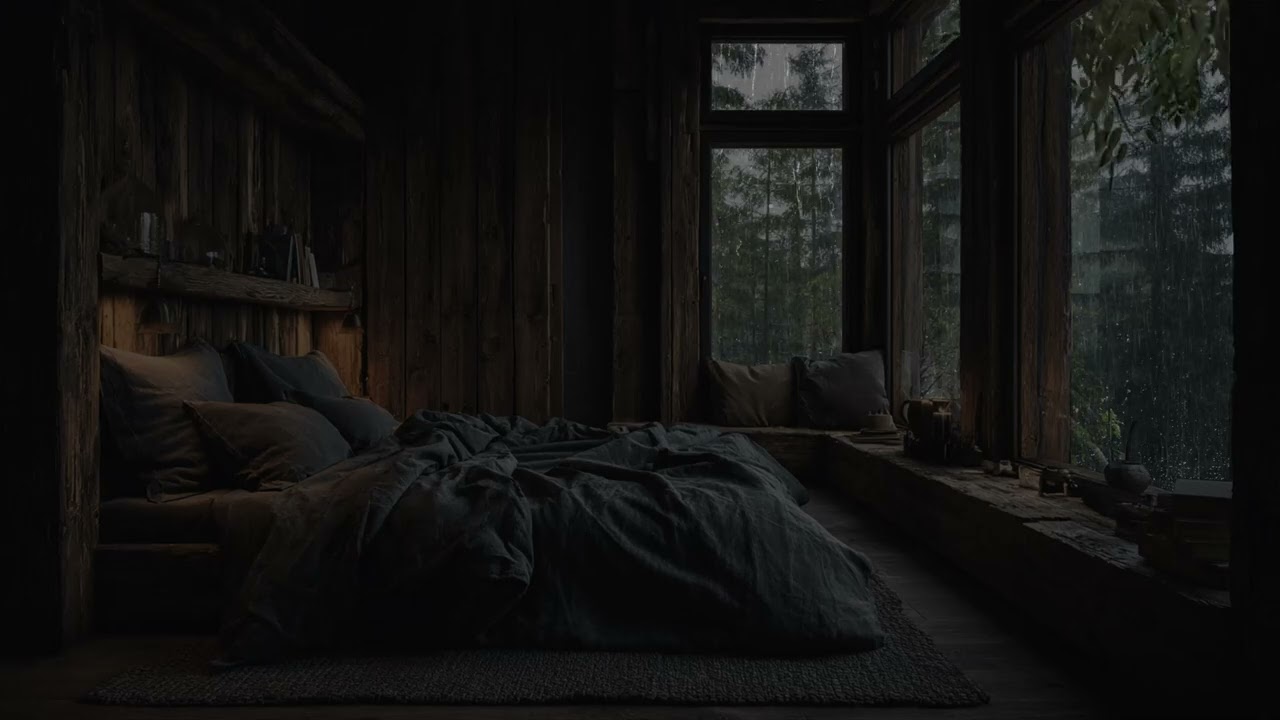 Soft jungle rain surrounds your shelter 🌧️ as distant thunder rolls beyond the trees.