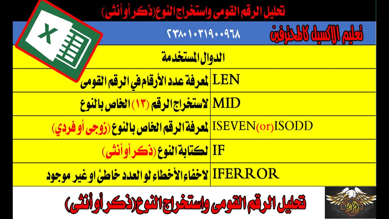 تحليل بيانات الرقم القومى واستخراج النوع ذكر او انثى شرح داله MID- IF- IFERROR-ISODD- ISEVEN - LEN